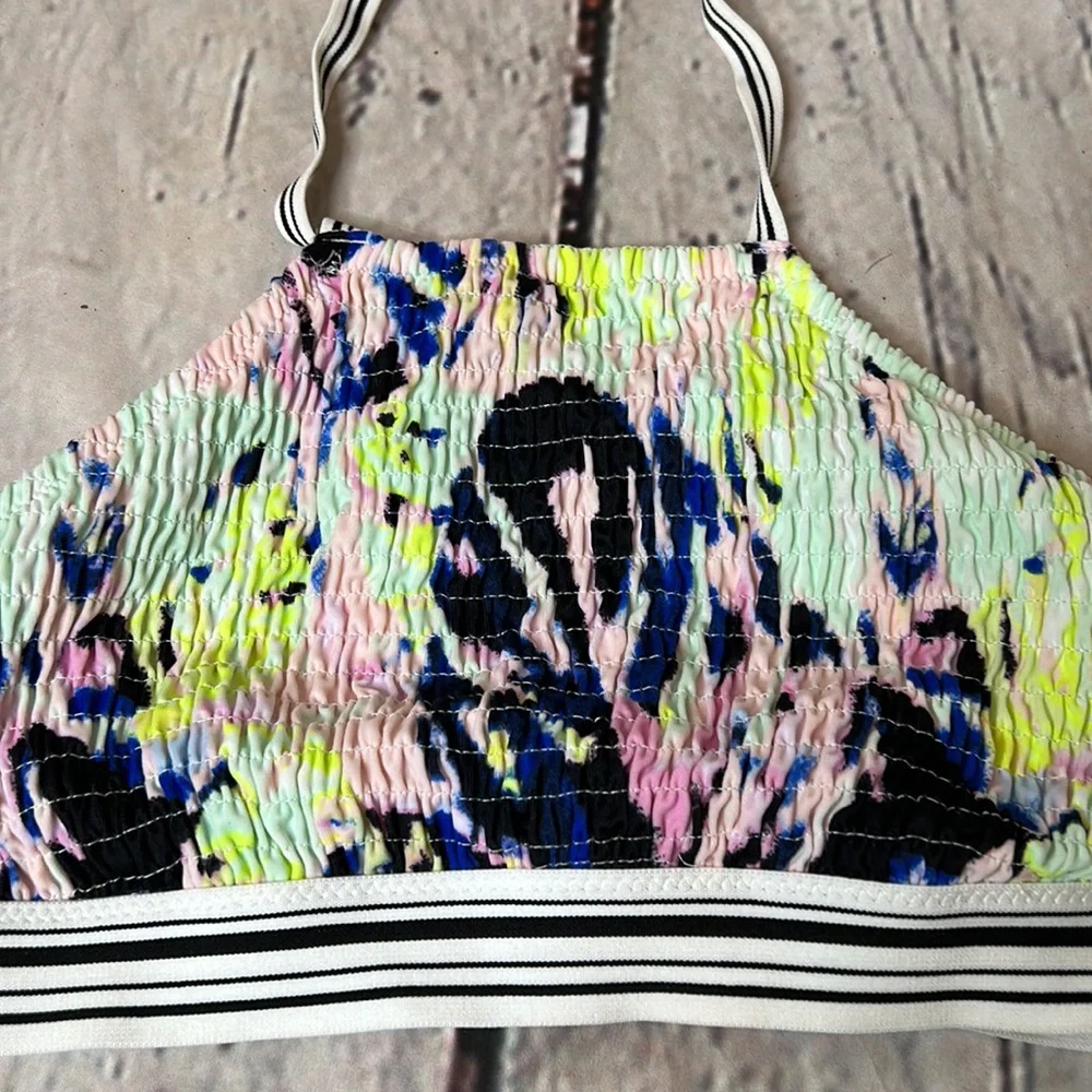 Victoria’s Secret Blue Green Pink Smocked Halter Style Swimsuit Top Size Small